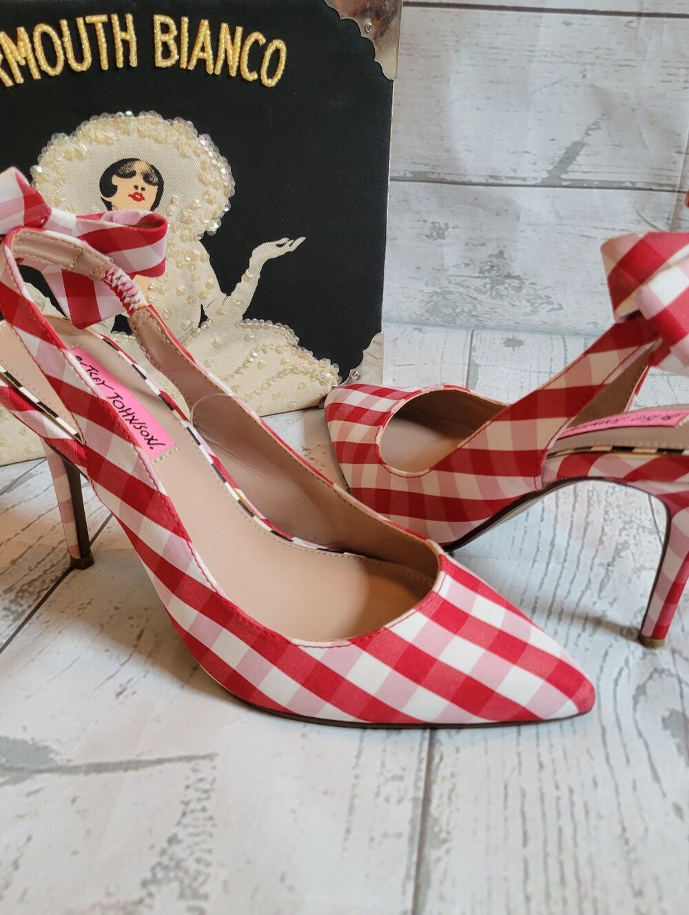 Betsey Johnson Ginjet Red and White Gingham Slingback Heels with Ankle Bows - Picture 2 of 11